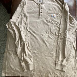 CARHARTT K128 Long Sleeve Henley Shirt 3XL Tall Tan Pocket Workwear Loose Fit